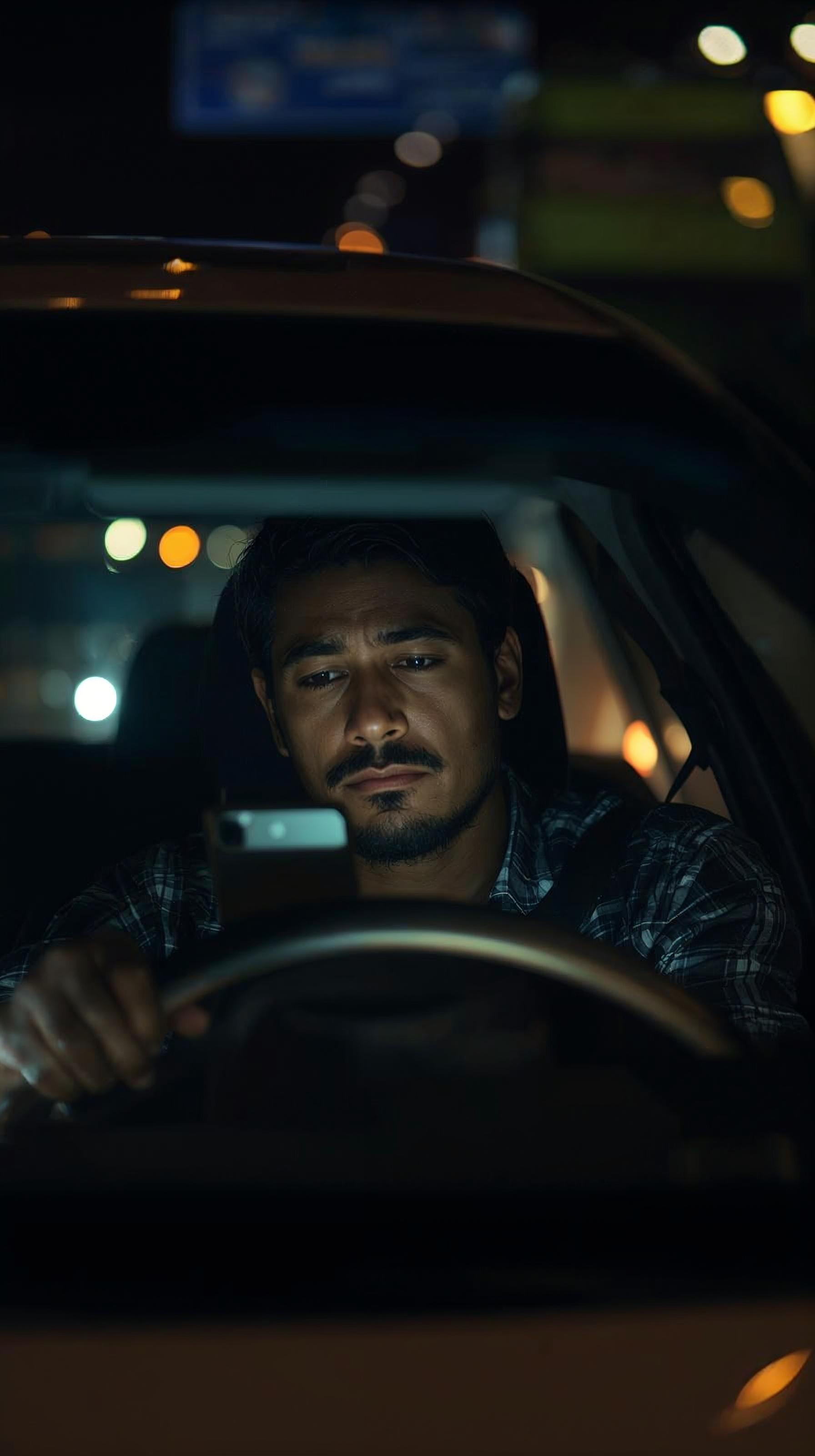 Motorista de aplicativo cansado olhando para o celular dentro do carro à noite