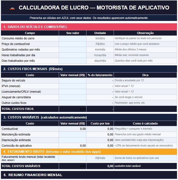 Print da planilha calculadora de lucro para motoristas de aplicativo